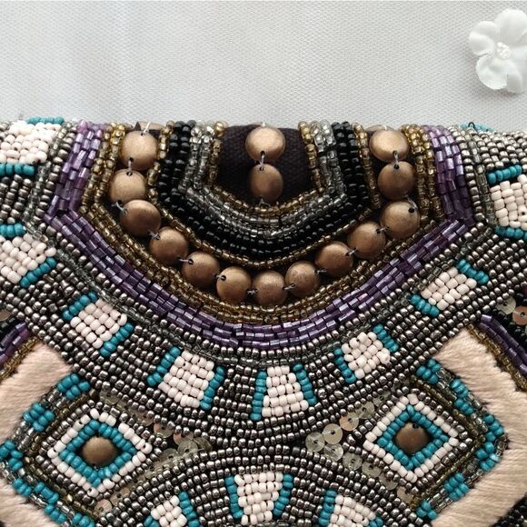EUC Multicolored Handmade India Glass Beaded Boho Cotton & Leather Snap Clutch - Picture 3 of 13